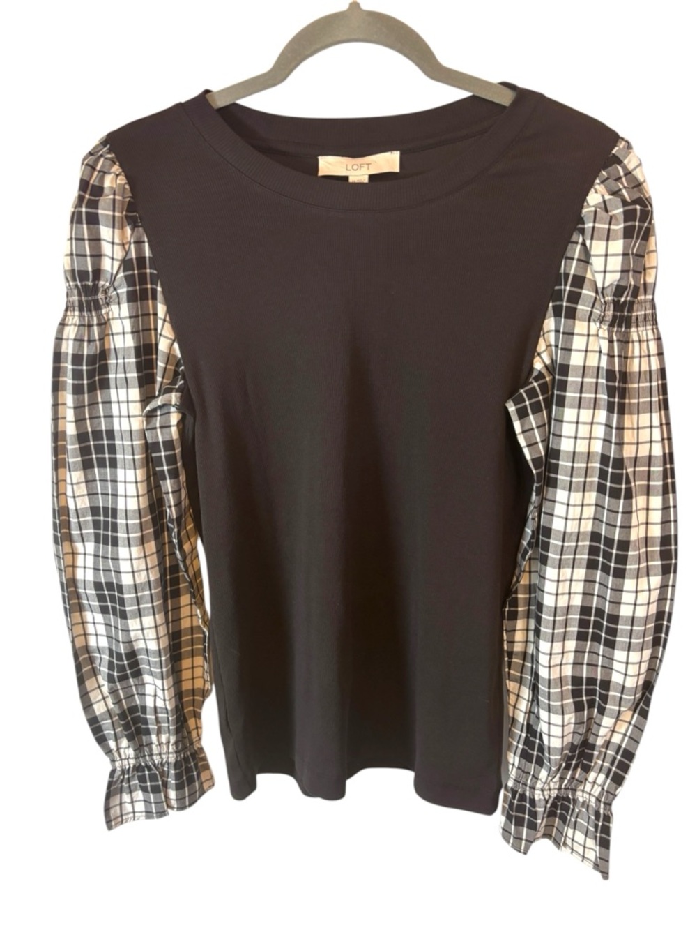 LOFT Black Ribbed Crewneck Plaid Top pleated ruffle Size Medium